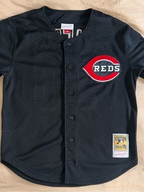 Ken Griffey Jr. Mitchell & Ness Black Reds Patch Button-Up Jersey